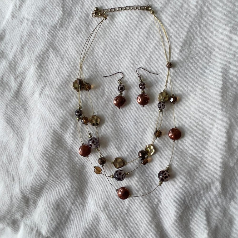 Multicolored Polka-dot Beaded Layered Necklace and Drop Earrings Set